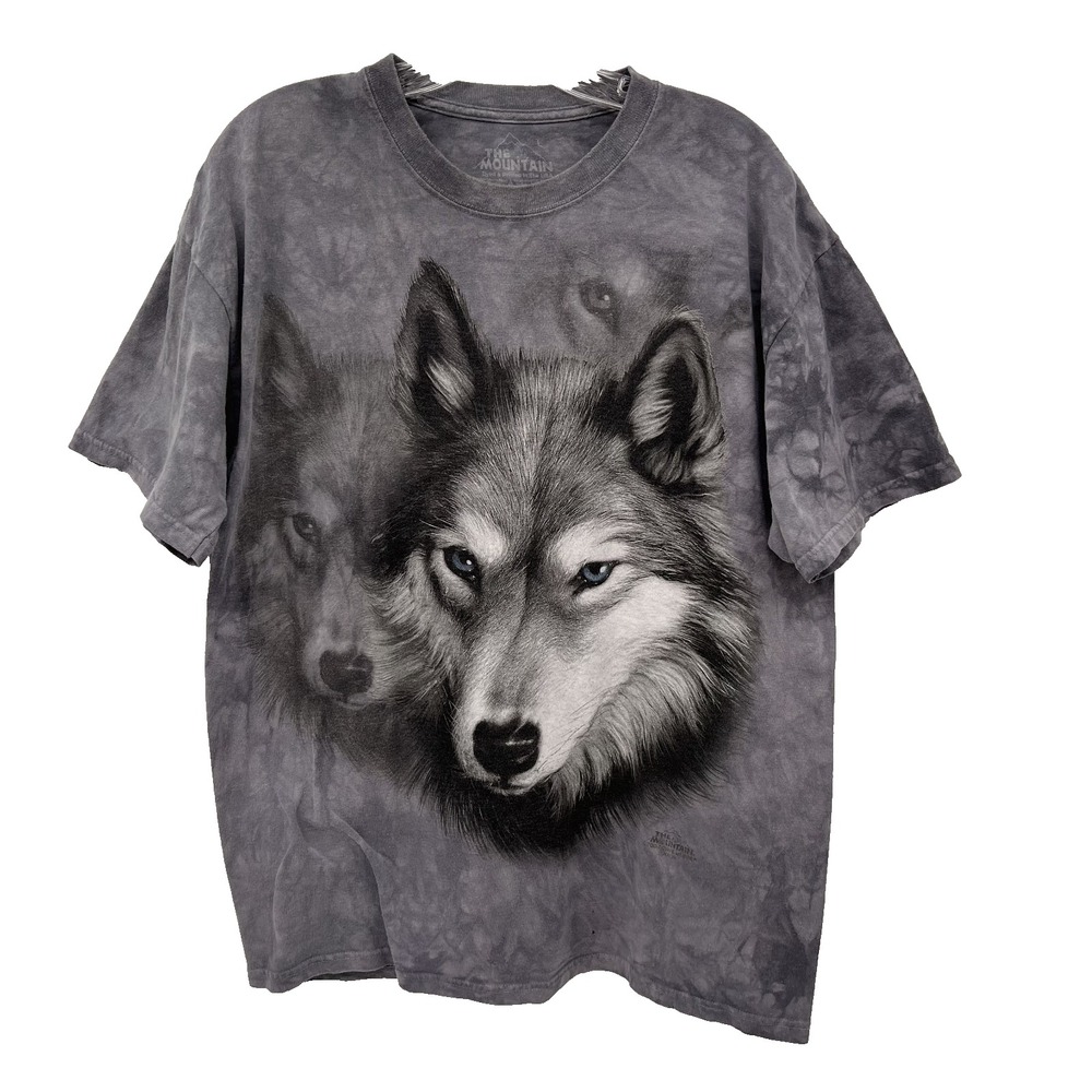 THE MOUNTAIN Adult Sz L Vintage 2002 Gray Tie-Dye Wolf Wolves Graphic T-Shirt